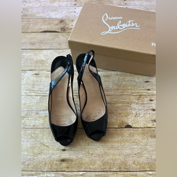 Christian Louboutin Shoes - Christian Louboutin Black Patent Leather Private Number Peep Toe Slingba…